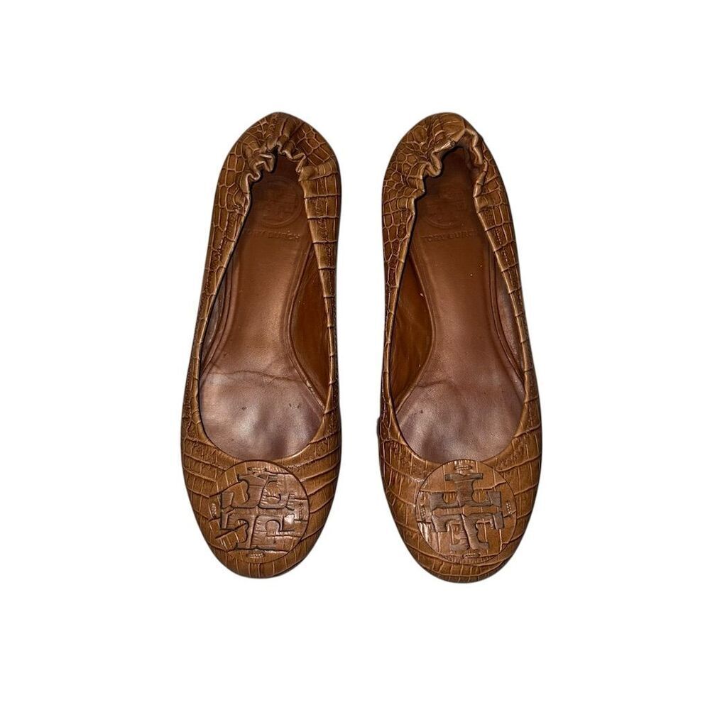 Tory Burch Reva Women's Brown Croc Embossed Ballet Flats Size 7.5 - Picture 2 of 9